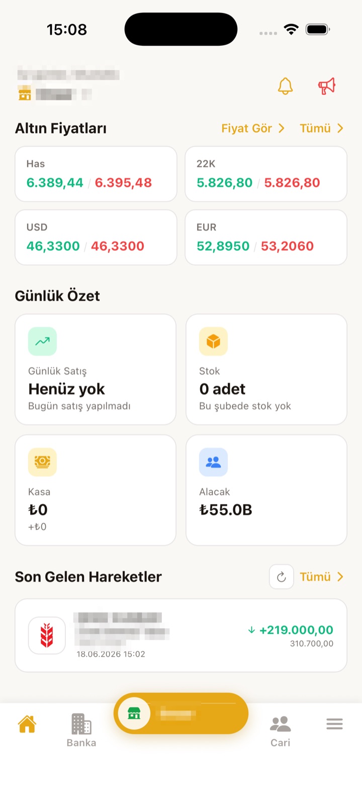 Terminal Gold mobil uygulama ana ekranı — anlık altın fiyatı ve günlük özet