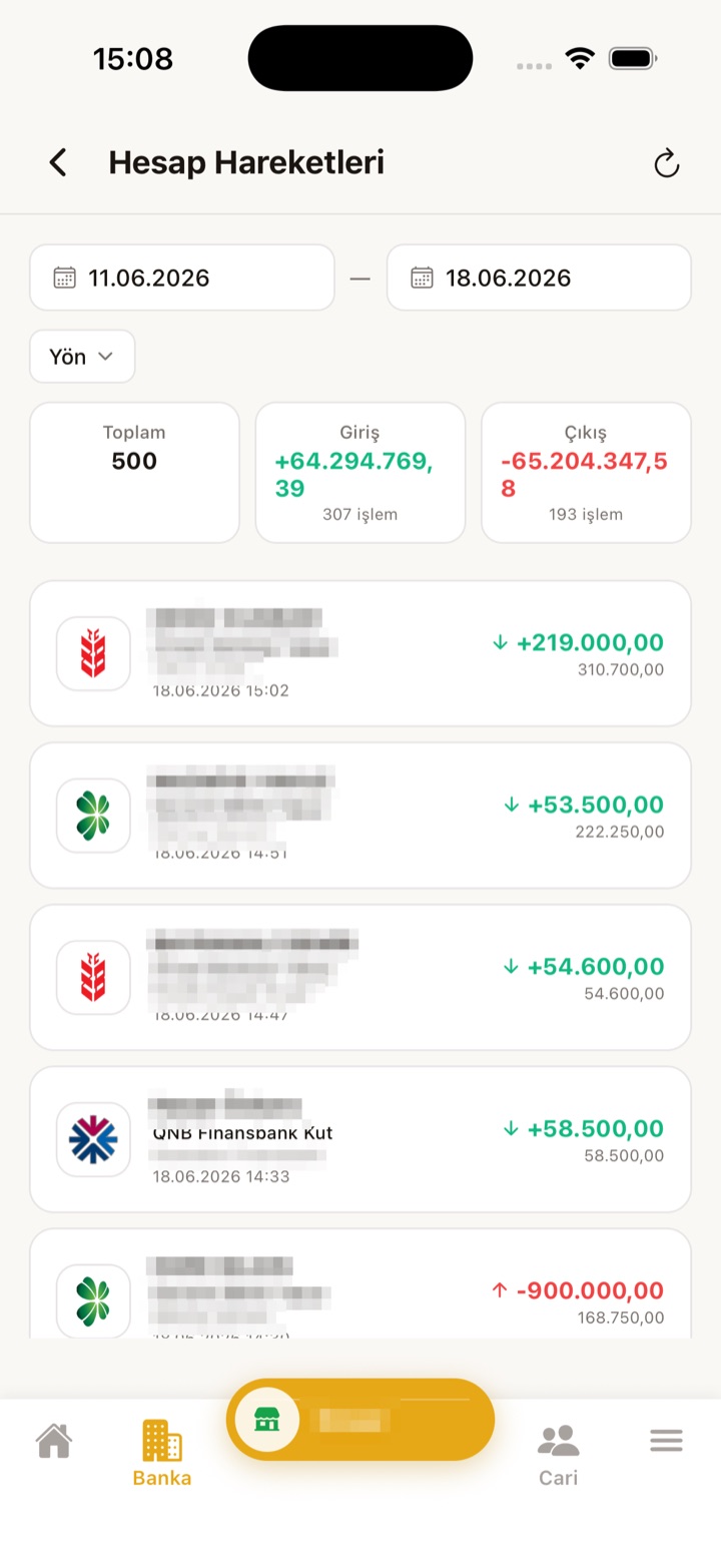 Banka hesap hareketleri ekranı