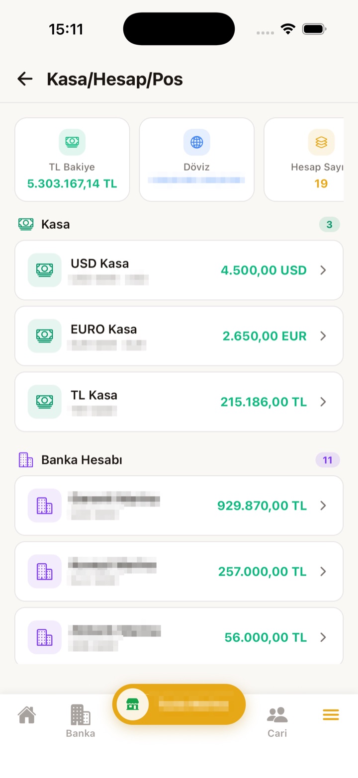 Kasa, hesap ve POS bakiye ekranı