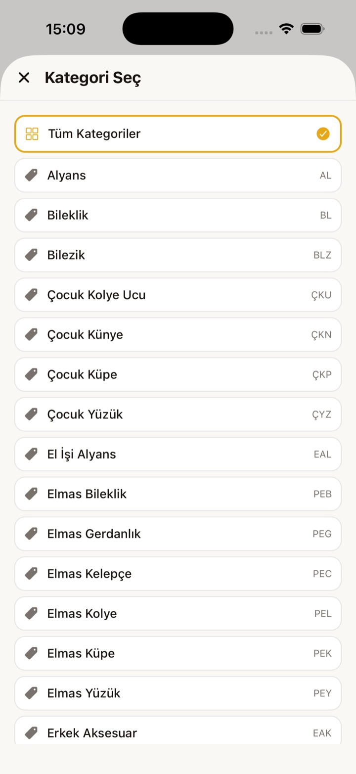 Terminal Gold mobil — Kategori Seçimi